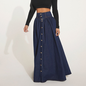 Tùy Chỉnh Của Phụ Nữ Bông Phụ Nữ Màu Xanh Một Dòng Lỏng Lẻo Giản Dị Xù Denim Maxi Váy Dài Denim Jean Váy - Product Image 2