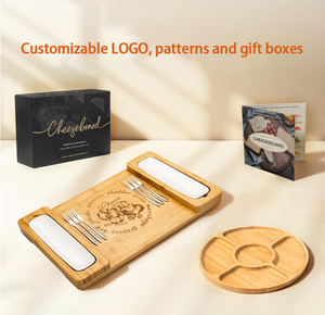 Bamboo <b>Cheese</b> Board <b>Set</b> with Forks & Ceramic Trays, Customizable Charcuterie Serving Board with Gift Box for Parties - Product Image 1