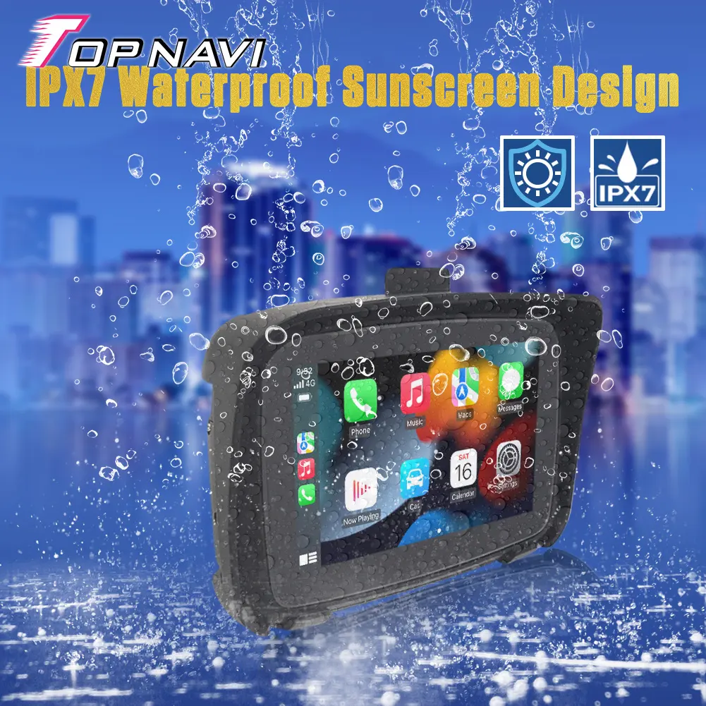 Topnavi อุปกรณ์นำทาง GPS สำหรับรถจักรยานยนต์, อุปกรณ์นำทาง GPS กันน้ำหน้าจอสัมผัส5นิ้วลำโพงในตัว BT คู่ในตัวรถจักรยานยนต์รถยนต์และแอนดรอยด์อัตโนมัติ