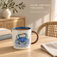 Tasse à café en céramique personnalisée sur le thème de la vie marine, imprimé crabe, poisson, corail, avec intérieur bleu, pour café de plage, vaisselle de bar