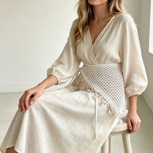 Cinturón de cintura blanco de ganchillo con diseño de triángulo hueco y borlas, estilo bohemio para mujer, accesorio de atar a la cintura para vacaciones - Product Image 1