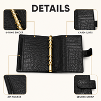 Couverture de carnet A5 en cuir croco noir |   Agenda en cuir PU de qualité supérieure |   Également disponible sans anneaux pour demi-lettre