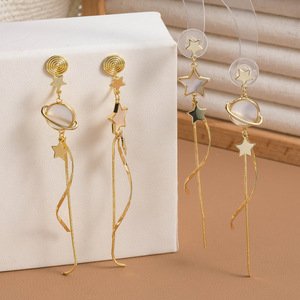 Pendientes Asimétricos de Estrella y Luna con Borlas, Plata S925, Estilo Coreano para Mujer, Joyería de Moda para Fiestas y Uso Diario - Product Image 2