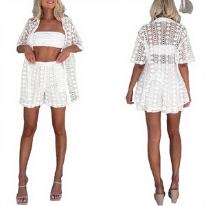 New <b>Summer</b> Solid Vintage Woven Casual Breathable V-neck White Lace Hollow Sleeveless <b>Cardigan</b> Shorts Ankle-Length Women Suit Set - Product Image 3