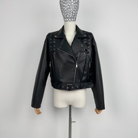 Veste en cuir PU de style motard avancée, noire, pour femme, avec design à lacets tendance
