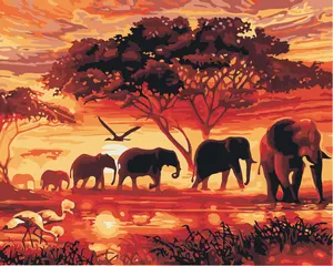 16x20 นิ้วศิลปะแอฟริกันพระอาทิตย์ตกช้างภูมิทัศน์สีอะคริลิคทาสีด้วยมือโดยตัวเลข