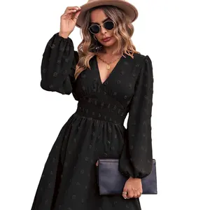 Womens Clothing 2022 New Vestidos Manufacturer Ladies Skater Dresses Women Long Sleeve V-Neck Solid Plain Casual Dress