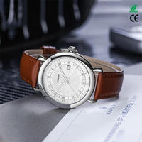 Montre à quartz pour homme, cadran guilloché blanc, fenêtre de date, bracelet en cuir marron, montre-bracelet classique