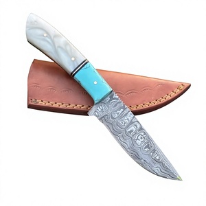 Handmade Damascus Steel Hunting Knife With Turquoise Handle And Leather Sheath Outdoor <b>Camping</b> Knifess - Product Image 1