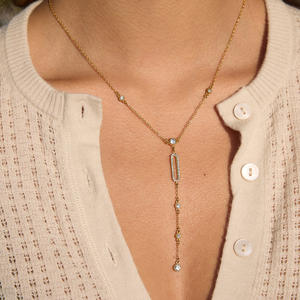 Collana con Pendente a Goccia di Diamanti, Placcata in Oro 18K, Acciaio Inossidabile con Zirconia, Elegante Catena Stratificata per Donne - Product Image 6