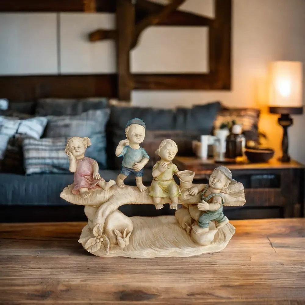 Estatueta infantil de histórias de verão com toque de classe, estátua de amigos para decoração de casa, tema amor, escultura de mesa em resina, madeira