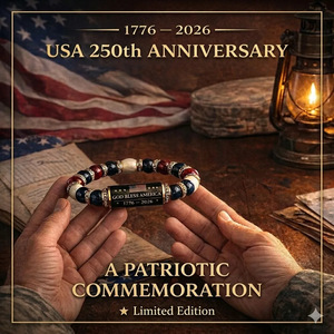 American Flag Stainless Steel <b>Beaded</b> <b>Bracelet</b> Commemorative Gift for 250th Anniversary with Natural Stone Energy Design - Product Image 2