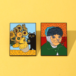 Spilla smaltata ispirata a <span class=keywords><strong>Van</strong></span> Gogh: gatto, girasoli e autoritratto - Parodia di famosi dipinti, spille da bavero - Product Image 1