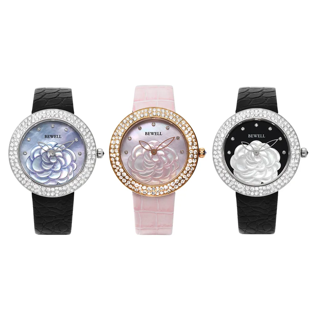 Custom New Stainless Steel with Stones Fashion Ladies Watches Mother of Pearl Flower Dial Wrist Stainless Steel Watch for Women