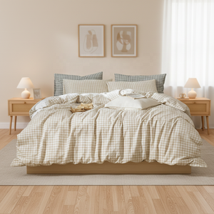 Set Copripiumino in Cotone Lavato 100% Gingham, Traspirante, Resistente, Morbido e Confortevole, 600TC, Design Moderno <span class=keywords><strong>a</strong></span> Quadri - Product Image 1