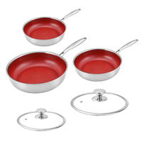 Set Wajan Goreng Anti Lengket Merah Besar Hybrid 304 Stainless Steel Honeycomb dengan Tutup, Set Panci Masak Triply 18/10 Stainless Steel
