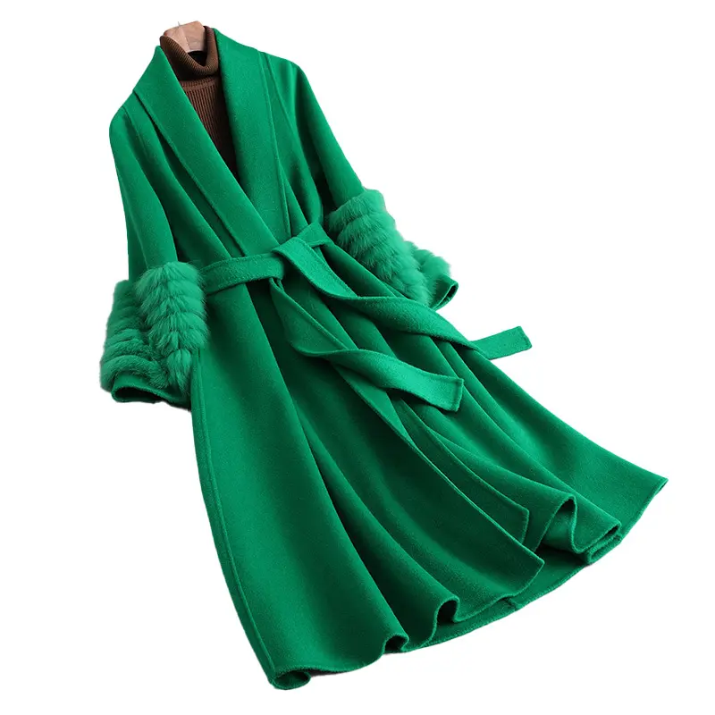 Luxury Fox Fur Cuffs Long Sheep Wool Coat Green Women Real Cashmere Wool Fur Coat