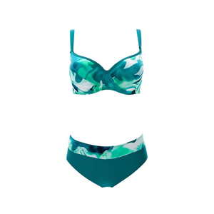 Costume da bagno bikini taglie forti HDJ, set due pezzi con reggiseno push-up e slip a vita alta contenitivi, fantasia stampata - Product Image 1