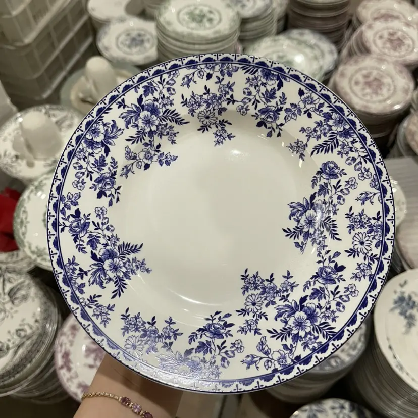 Set peralatan makan porselen Retro biru dan putih, set piring makan malam keramik restoran Barat mewah