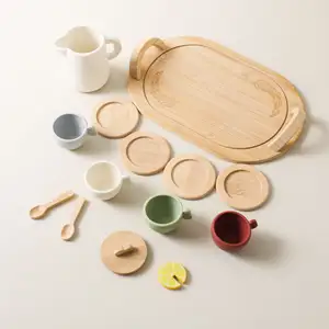 Posavasos de madera para bebé, juguete de cocina de silicona de grado alimenticio, juego de té de la tarde, juguete para jugar a las casitas para niños