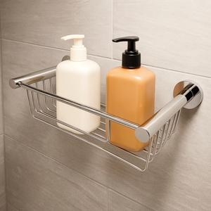 Brass Chrome Shower <b>Basket</b> for Modern Bathroom Rectangular <b>Mesh</b> <b>Basket</b> Wall-Mounted - Product Image 5