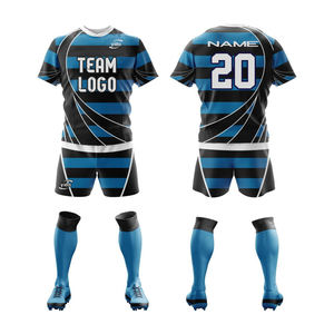 Kustom Jersey Rugby biru laut dan putih bergaris sublimasi Set MOQ rendah pengiriman cepat - Product Image 5