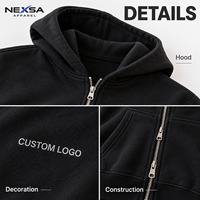 Sweat à capuche zippé noir épais en molleton de coton avec fermeture éclair métallique et motif graphique, fabrication sur mesure, marque privée, style streetwear, vente en gros