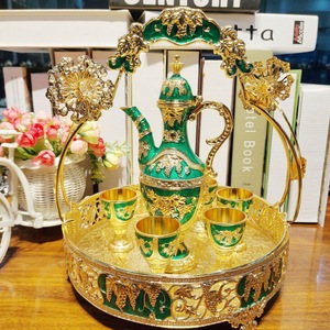 Manufacturer's <b>basket</b> set with plum blossoms, grapes, and roses for hotel and home use gold Metal wine flask and glasses - Product Image 2