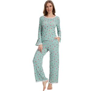 Conjunto de Pijama Floral a Cuadros Verde para Mujer, de Bambú Modal, Manga Larga, con Ribete de Encaje, Ropa de Dormir Suave y Elástica con Bolsillos - Product Image 1
