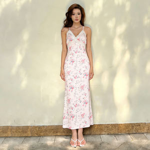 Vestido largo con estampado floral para mujer, vestido con tirantes finos ajustables y cuello en V con ribete de encaje y lazo en la espalda - Product Image 6