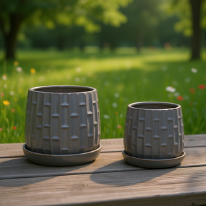 กระถางดอกไม้เซรามิก MDJ ชุด 2 ใบ สีเทา กระถางต้นไม้กลางแจ้งในร่มทรงกลม สไตล์มินิมอลทันสมัย สำหรับใช้ในสวนและบ้าน - Product Image 2