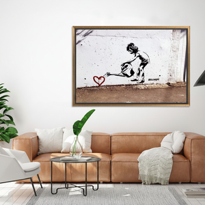 Printed Banksy Children Watering Heart <b>Canvas</b>: Street Art Decor,GOLD <b>FRAMED</b> <b>CANVAS</b> - Product Image 2