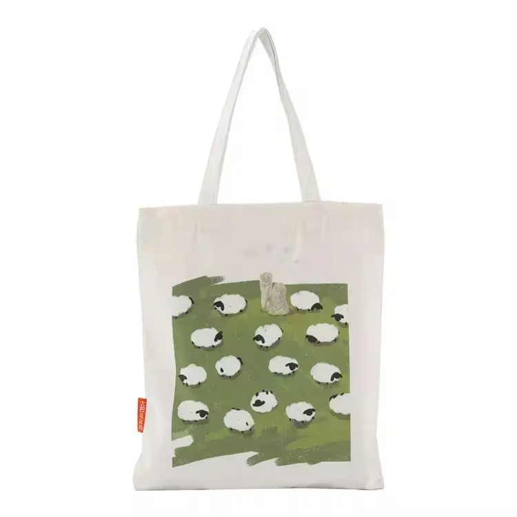 Wholesale Eco-Friendly Canvas Tote Bags Cartoon Printed & Reusable Plain Shopping Bags with Zipper
