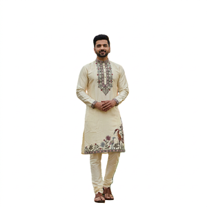 Men's Cream Embroidered Kurta <b>Set</b> With Bird Floral Design Traditional Indian Pakistani Wedding Wear Regular Fit Ankle-Length - Product Image 1
