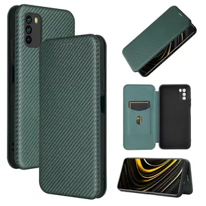 Hot Sale Carbon Fiber Brush PU Leather Cell Phone CaseためXiaomi Note 9 5G Flip Card Holder Back CoverためXiaomi POCO M3