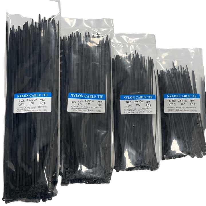 200x Heavy Duty Black Nylon Cable Ties - 300mm (12") Long, 4.8mm Wide, Self-Locking Zip Ties