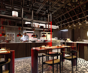 เฟอร์นิเจอร์ร้านอาหารบาร์หรูหราทันสมัยสีแดง ออกแบบตกแต่งภายในตามสั่ง พร้อมไฟ LED เคาน์เตอร์อาหารปรับแต่งได้ - Product Image 3