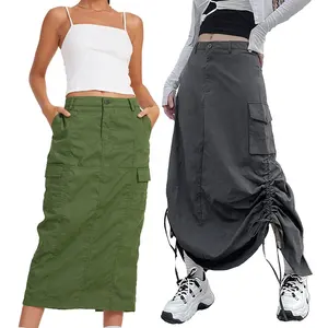 Женские парашютные длинные юбки-карго, платье на шнуровке с рюшами и заниженной талией, уличная одежда, мешковатые джинсы, джинсовая юбка
