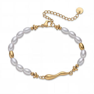 Bracelet classique tendance en imitation perle, chaîne et maillons géométriques, plaqué or 18 carats, acier inoxydable, bijoux cadeau pour femme - Product Image 6
