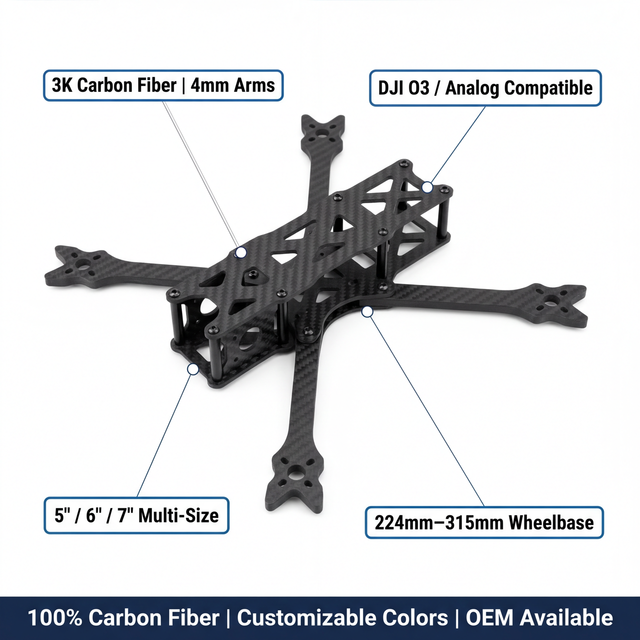 Apex HD 5-7 Inch Carbon Fiber FPV Racing Freestyle Drone Frame Kit 224mm-315mm DJI O3 Compatible Lightweight OEM Custom Colors