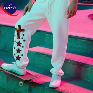 QZFSO personalizado 100% algodón polar ácido lavado pantalones de chándal estrellas bordado Streetwear cremallera tobillo pantalones con etiqueta de goma para hombres - Product Image 1