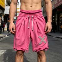 Shorts surdimensionnés personnalisés style Côte Ouest pour hommes, rose vif, double taille, strass, effet usé, style punk streetwear