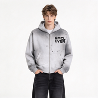 Nouveau produit : Sweat à capuche zippé automne, délavé effet Monkey Wash, dégradé avec peinture éclaboussée, bords bruts usés, double fermeture éclair