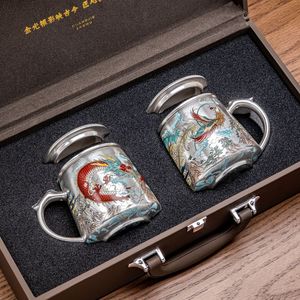 Tasse à thé en argent plaqué or avec motif Dragon Phénix, 200-400 ml, avec couvercle, cadeau, mariage, bureau, mug - Product Image 1