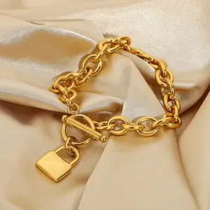 Wholesale Chain Link Bracelet 18k Gold Plated Lock Charm Cuff Bracelet With Lock