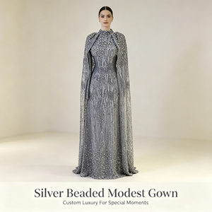 Custom OEM Women Luxury <strong>Silver</strong> Grey Full Sequin Pearl Beaded Cape Sleeve Stand Collar Modest Muslim Evening Maxi Abaya <strong>Dress</strong> - Product Image 1