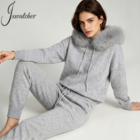 Ensemble Pull Doux à Capuche et Pantalon Deux Pièces Luxe Col Fourrure de Renard Casual Laine Tricoté Sur Mesure Vêtements Femme Hiver
