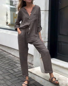 Completo da donna <span class=keywords><strong>in</strong></span> cotone e lino, 2 pezzi: camicia <span class=keywords><strong>con</strong></span> colletto alla coreana e maniche arrotolabili, <span class=keywords><strong>pantaloni</strong></span> a <span class=keywords><strong>vita</strong></span> elasticizzata, vestibilità ampia, all'ingrosso, casual estivo - Product Image 3