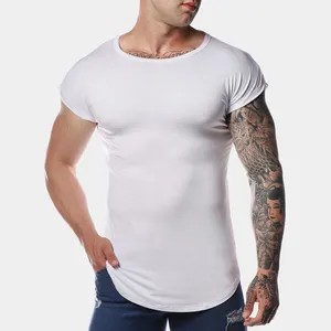 Stampa logo personalizzato lungo linea di coda goccia muscle fit capped manica degli uomini t shirt di cotone bianco all'ingrosso