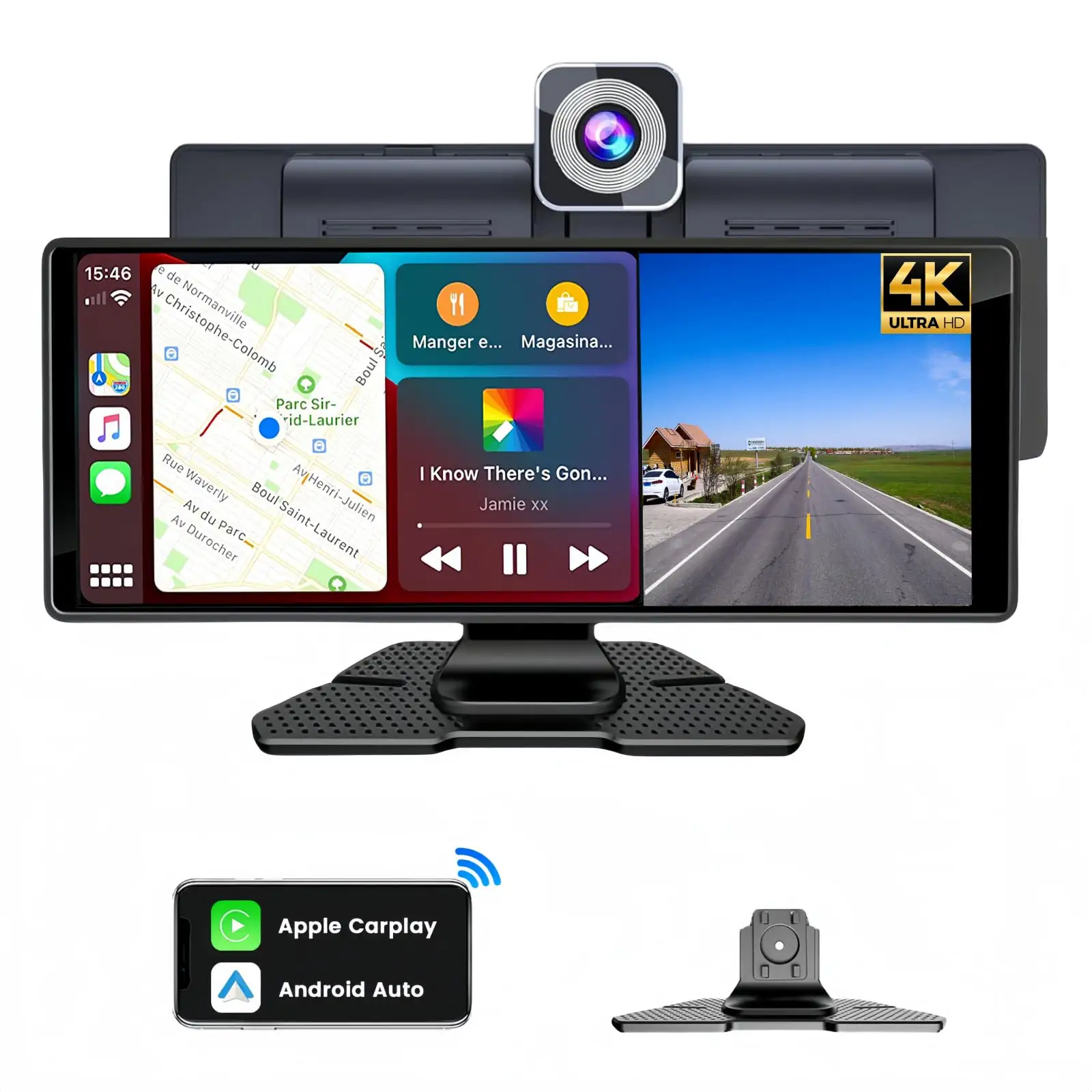 10.26 इंच यूनिवर्सल टच कारप्ले स्क्रीन कैमरा के साथ वायरलेस कारप्ले डैशकैम पोर्टेबल स्क्रीन कार ऐप्पल कारप्ले के लिए खेलें